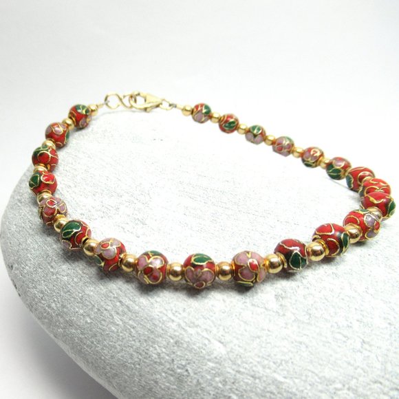 Red Cloisonne Bead Bracelet - Picture 2 of 7
